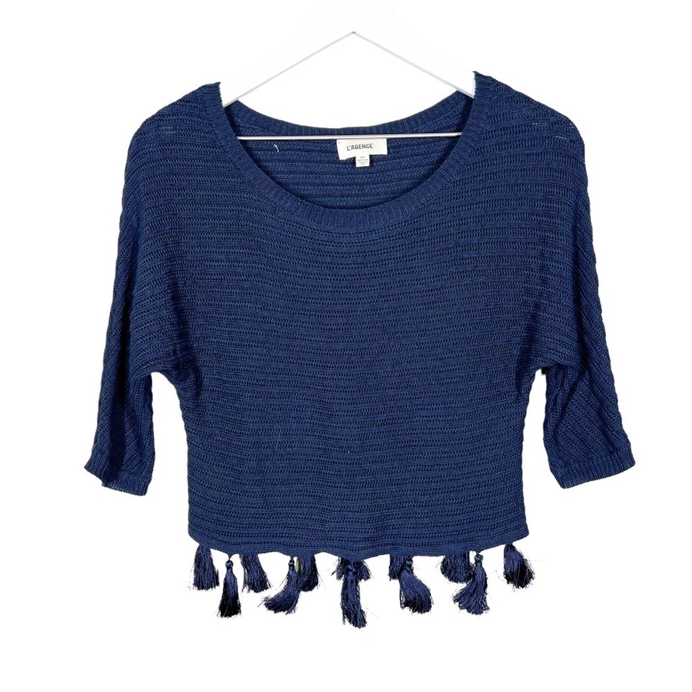 L'AGENCE Alisia Fringe Tassel Navy Blue Sweater Womens Size Small